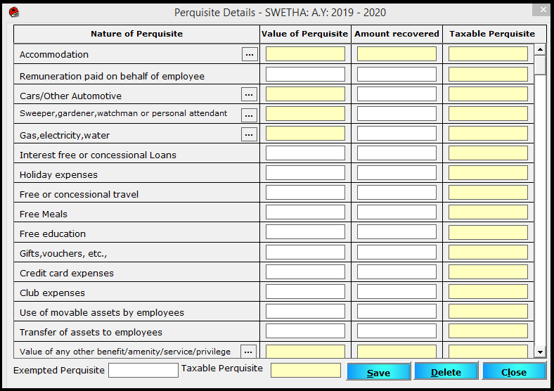 Salary Entry in Saral TDS - taxable perquisite