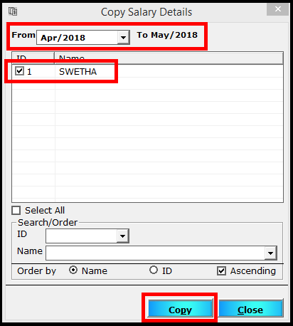 Salary Entry in Saral TDS - select employees and copy the details