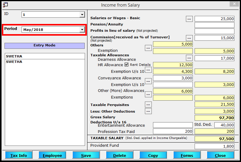 Salary Entry in Saral TDS - period dropdown